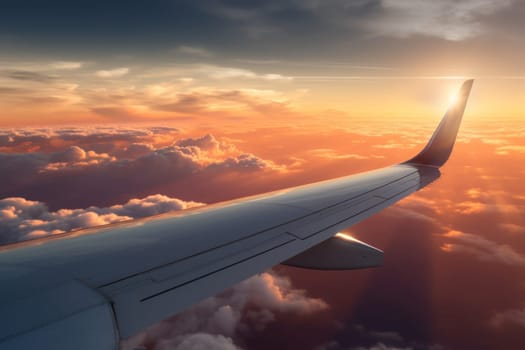 Photo View from the window of an airplane wing while flying over a blue sky.