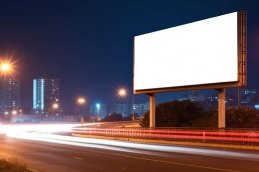 Blank billboard on the highway during the twilight with city background with clipping path on screen, Generative AI.
