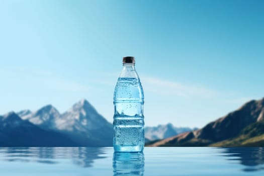 Water bottle aesthetic scenery blue background ultra realistic.