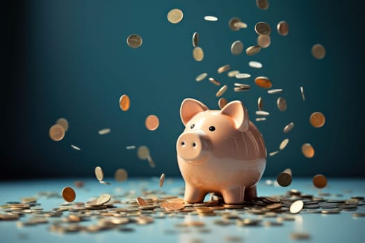 Piggy bank with falling coins. Savings and investment. Generative Ai.