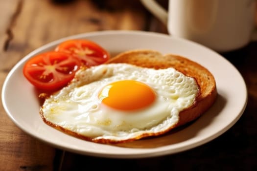 Breakfast with delicious fried eggs garnished with sliced tomato Generative AI.