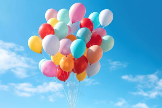 Colorful balloons floating against a clear blue sky, Generative AI.