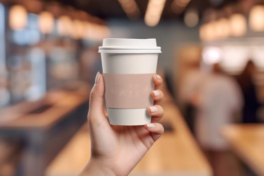 Mock up of female hand holding blank coffee paper cup for advertising.