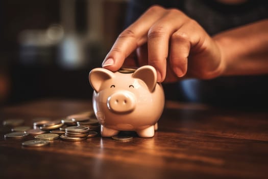 Piggy bank with falling coins. Savings and investment. Generative Ai.