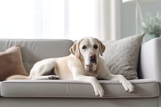 Modern living room interior Cute Golden Labrador Retriever near couch Generative AI.