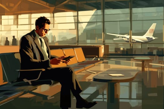 Man at airport lounge and using mobile phone, Businessman working and using mobile at busy time on airport, Generative AI.