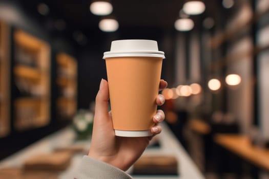 Mock up of female hand holding blank coffee paper cup for advertising.