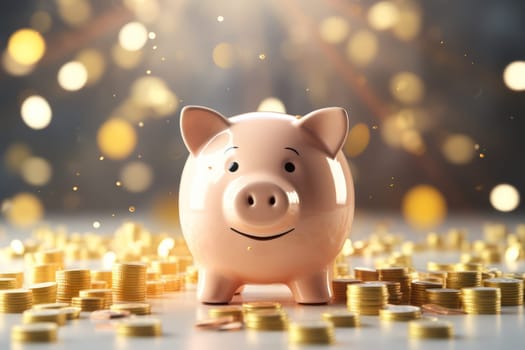 Piggy bank with falling coins. Savings and investment. Generative Ai.