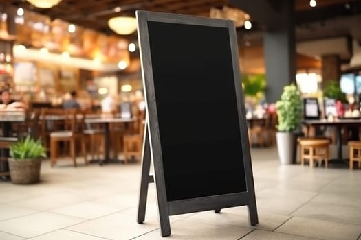 Advertising blank Blackboard, Blank restaurant shop sign or menu boards in shopping mall center, Blackboard sign mockup in front of a restaurant Signboard, Generative AI.