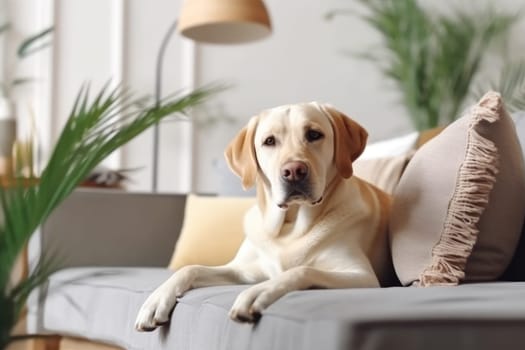 Modern living room interior Cute Golden Labrador Retriever near couch Generative AI.