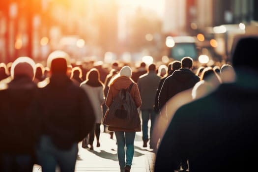 Crowd of people walking in the street with soft bokeh, fast moving in city.