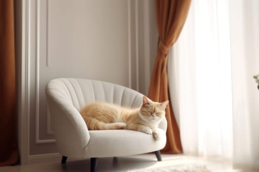 Modern living room interior Cute cat near couch Generative AI.