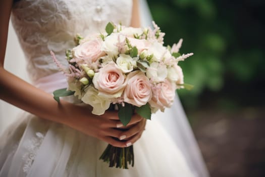 A close up of a bride's or groom's hands holding a bouquet.