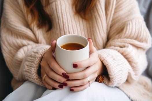 A close up shot of a girl's hands holding a mug.