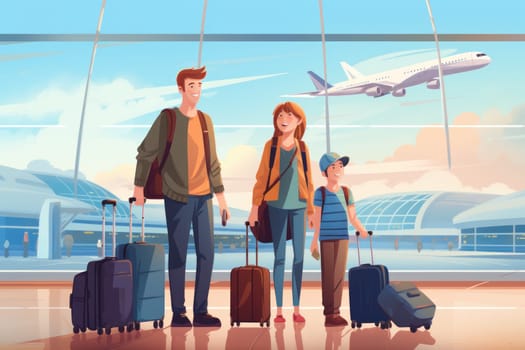 Family Trip Concept, family travel at airport,Time for family vacation, family travel at airport 2d, Generative AI.