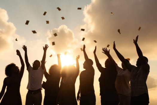Excited group of people grabbing dollars in the air.