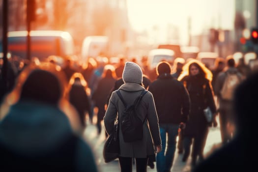 Crowd of people walking in the street with soft bokeh, fast moving in city.