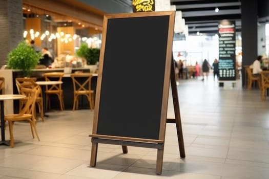 Advertising blank Blackboard, Blank restaurant shop sign or menu boards in shopping mall center, Blackboard sign mockup in front of a restaurant Signboard, Generative AI.