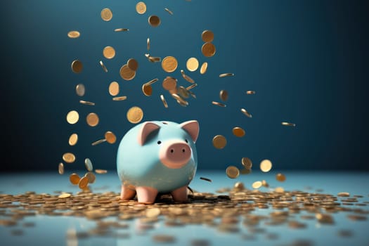 Piggy bank with falling coins. Savings and investment. Generative Ai.