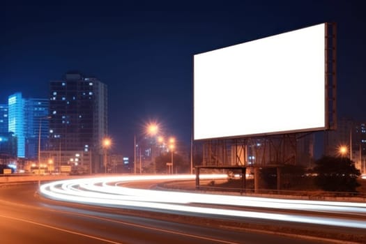 Blank billboard on the highway during the twilight with city background with clipping path on screen, Generative AI.