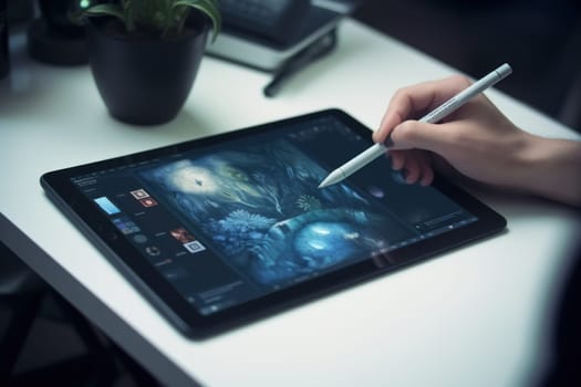 Close up of a Graphic Designer hand drawing on a digital tablet.