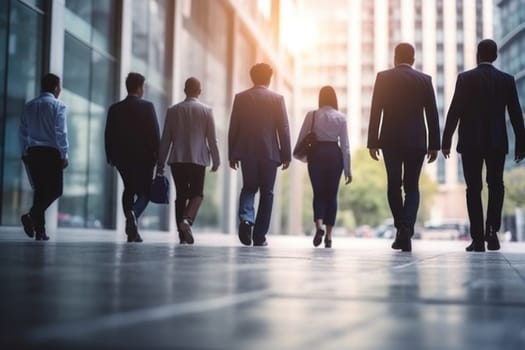 Group of business people walking outside in front of office building with blurred background.