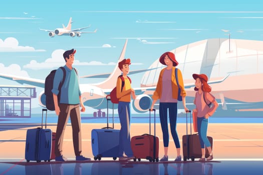 Family Trip Concept, family travel at airport,Time for family vacation, family travel at airport 2d, Generative AI.