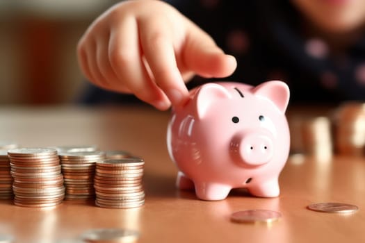 Piggy bank with falling coins. Savings and investment. Generative Ai.