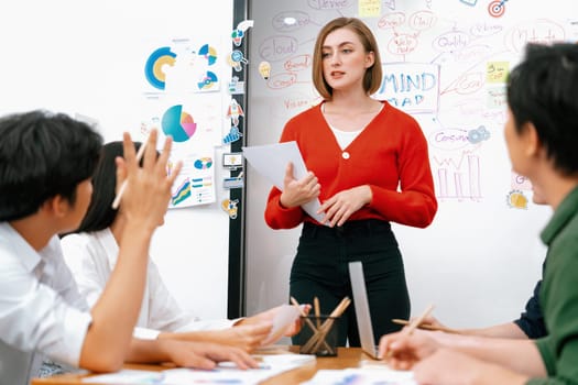 Closeup image of male project manager raise hand to ask questions while young beautiful leader presents business project with confident by using mind map and colorful sticky notes. Immaculate.