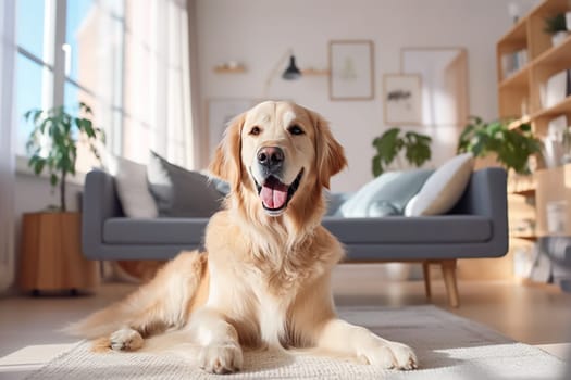 Modern living room interior Cute Golden Labrador Retriever near couch Generative AI.