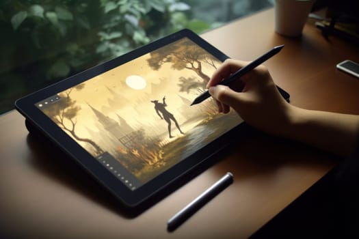 Close up of a Graphic Designer hand drawing on a digital tablet.