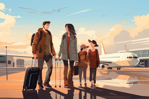 Family Trip Concept, family travel at airport,Time for family vacation, family travel at airport 2d, Generative AI.