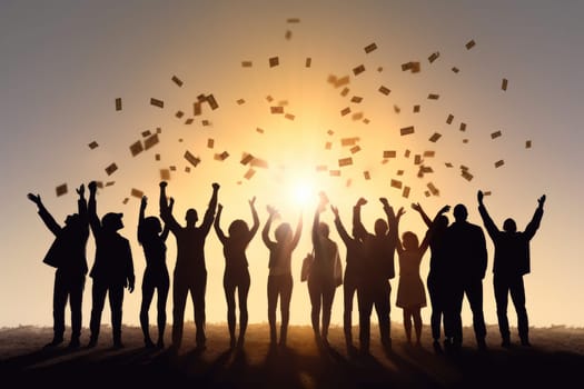 Excited group of people grabbing dollars in the air.