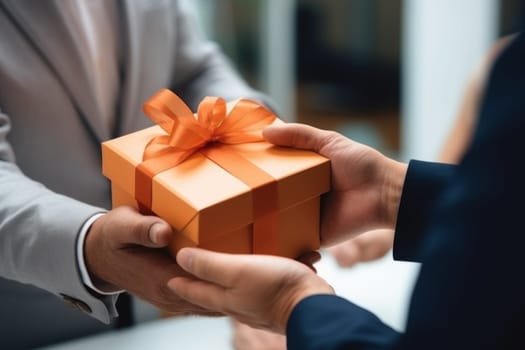Close up view of hands Giving a business gift in an office.