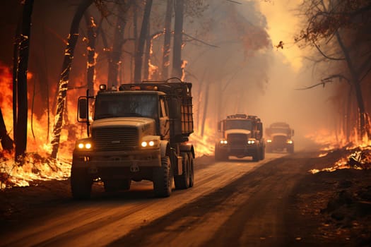 Big trucks are coming with help to extinguish the forest fire, fire emergency in the forest.