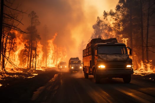 Big trucks are coming with help to extinguish the forest fire, fire emergency in the forest.