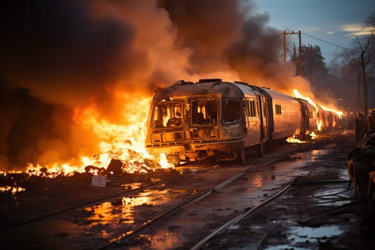 A train car caught fire during the accident. Fire at the railway station. A rocket attack on the civilian population during the war.