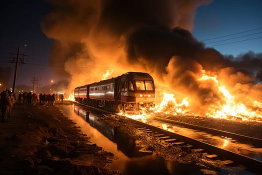 A train car caught fire during the accident. Fire at the railway station. A rocket attack on the civilian population during the war.