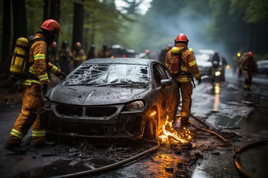 Firefighters put out a burning car on the street, emergency situation with a burning car. A rocket attack on the civilian population during the war.