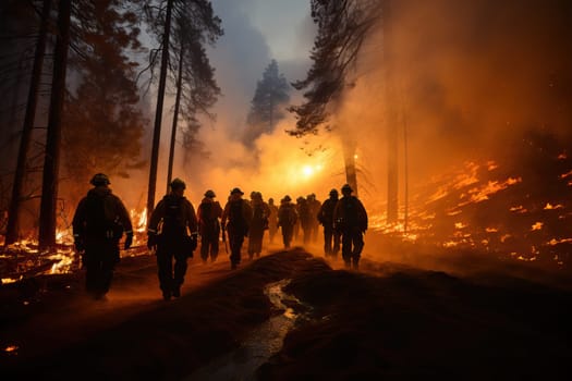 A group of firefighters extinguishes a fire in a forest, a large-scale forest fire, a fire in an evergreen forest.