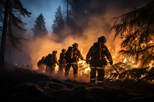 A group of firefighters extinguishes a fire in a forest, a large-scale forest fire, a fire in an evergreen forest.