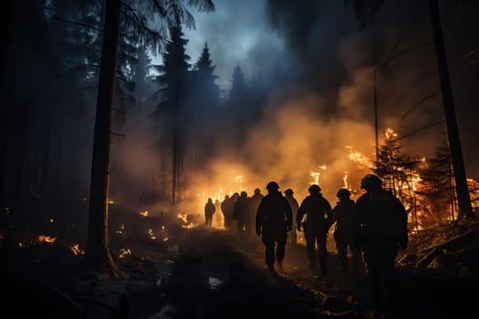 A group of firefighters extinguishes a fire in a forest, a large-scale forest fire, a fire in an evergreen forest.