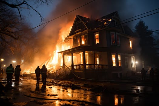 Firefighters are extinguishing a burning house at night, a dangerous situation when extinguishing a house.