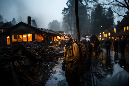 Portrait of a firefighter on the background of a fire, a dirty firefighter after rescue work. A rocket attack on the civilian population during the war.