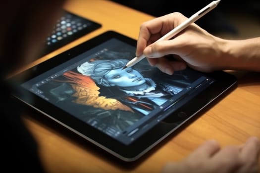 Close up of a Graphic Designer hand drawing on a digital tablet.