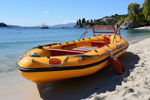 Yellow inflatable rescue boat on the beach, rescue boat in the sea and on the beach.