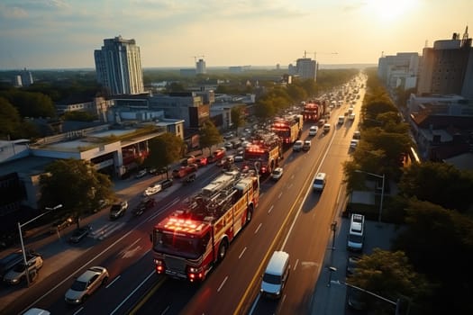 Fire engine is driving on the city streets, top view of the car, evening city and fire truck on the city streets.