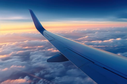 Photo View from the window of an airplane wing while flying over a blue sky.