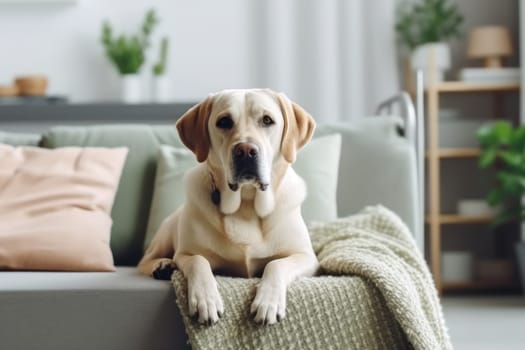 Modern living room interior Cute Golden Labrador Retriever near couch Generative AI.