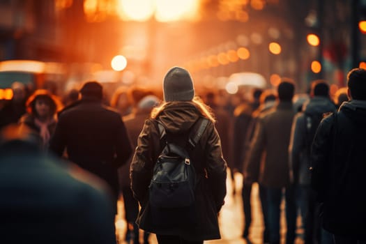 Crowd of people walking in the street with soft bokeh, fast moving in city.